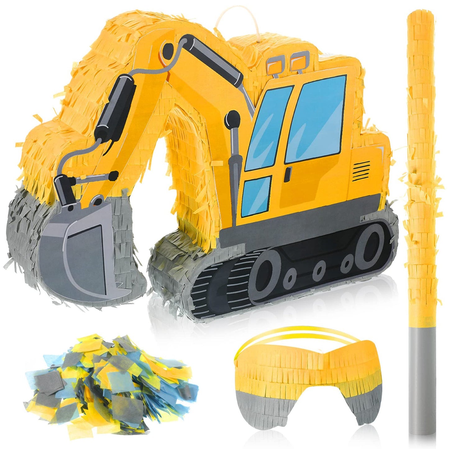 Excavator Construction Truck Pinata Party Bundle - Includes Blindfold, Bat, Confetti! Perfect for Boys Birthday Party with Crane Tractors Theme!