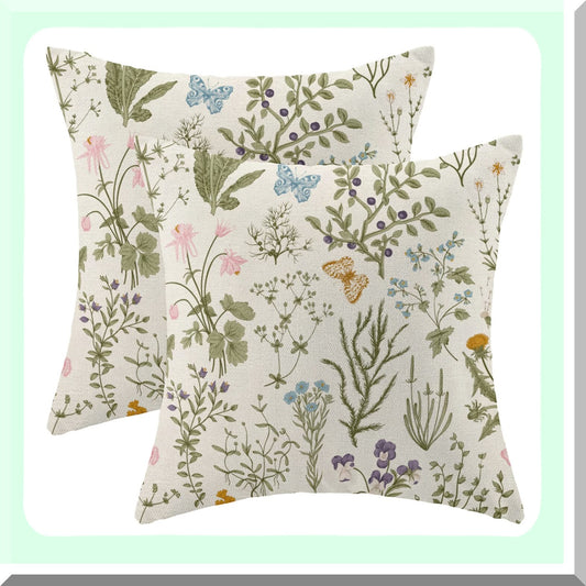 Wildflower Spring Sage Green Pillow Covers - Set of 2, 18x18 Inch Seasonal Floral Farmhouse Decor Cushion Cases for Sofa Bed Couch - Outdoor Decorative Square Linen