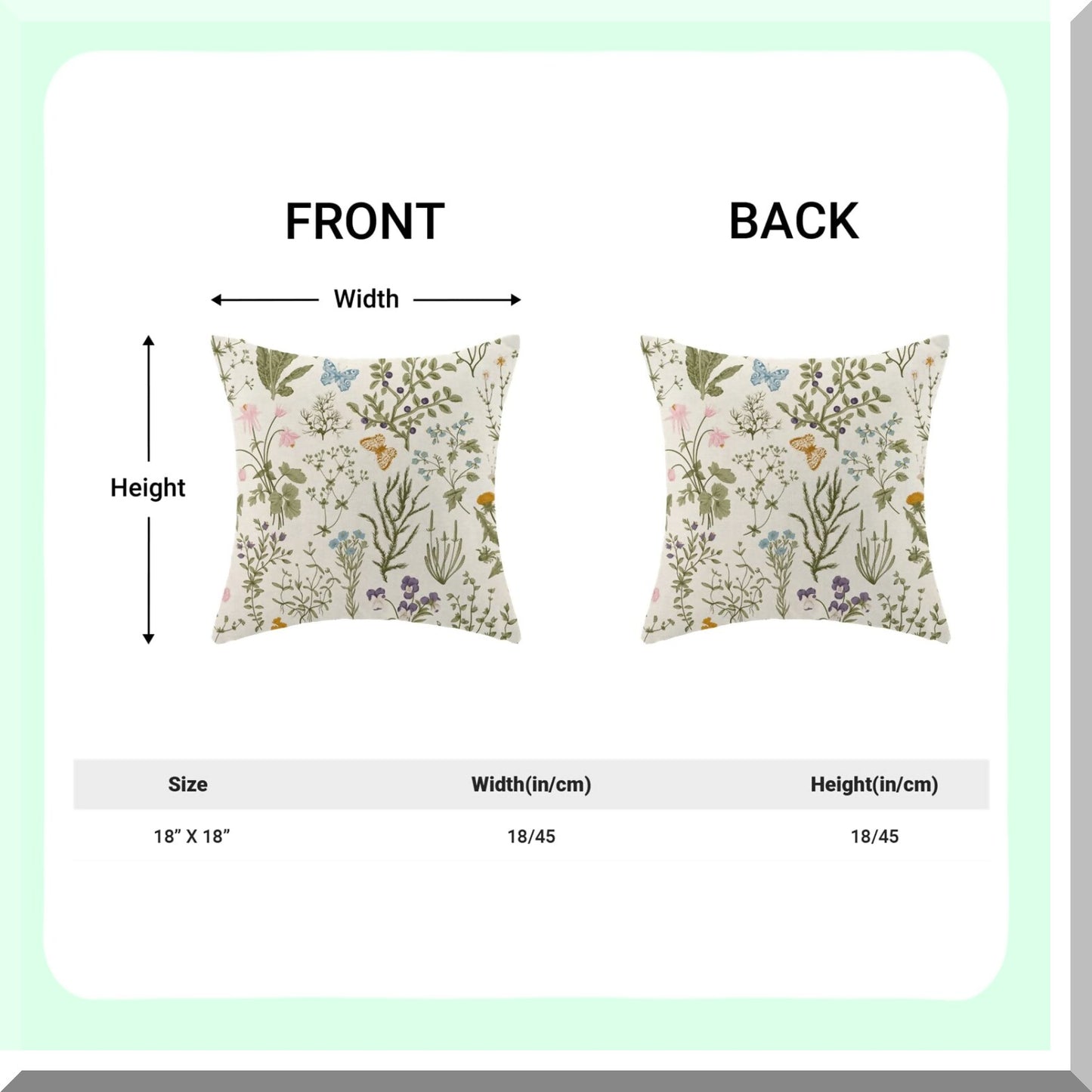 Wildflower Spring Sage Green Pillow Covers - Set of 2, 18x18 Inch Seasonal Floral Farmhouse Decor Cushion Cases for Sofa Bed Couch - Outdoor Decorative Square Linen