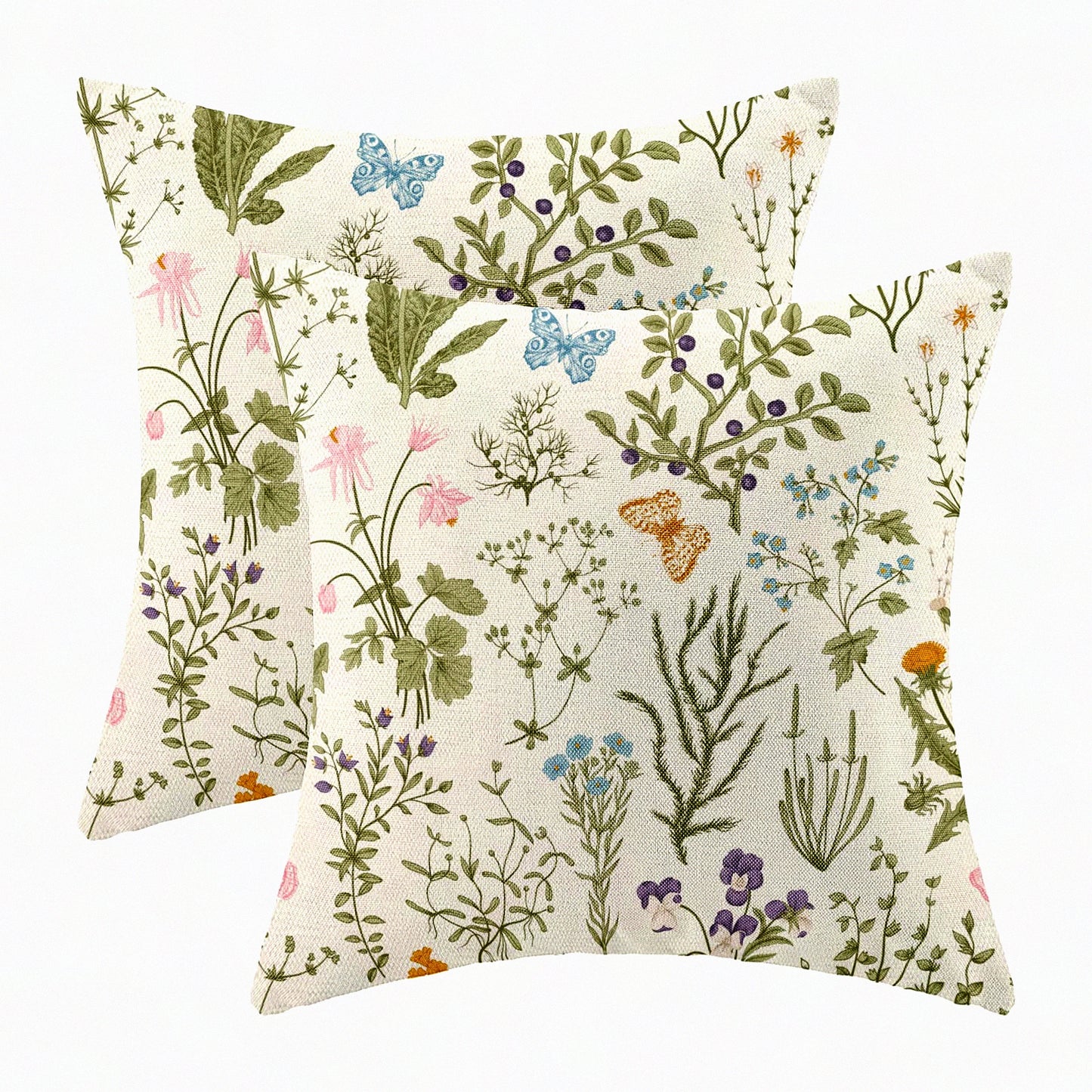 Wildflower Spring Sage Green Pillow Covers - Set of 2, 18x18 Inch Seasonal Floral Farmhouse Decor Cushion Cases for Sofa Bed Couch - Outdoor Decorative Square Linen