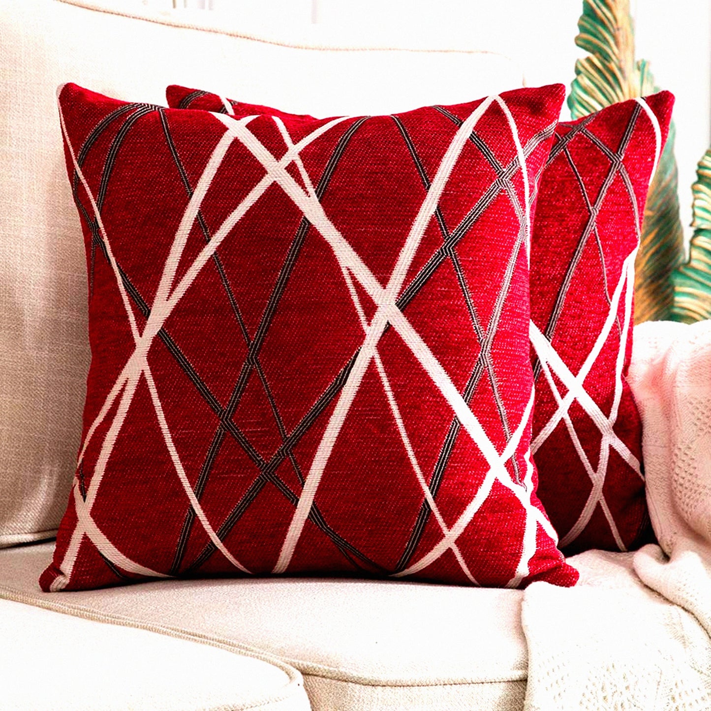 Chenille Cozy Red Square Pillow Covers - Set of 2 | Modern Textured Cushion Shams for Bedroom, Sofa, Car | Soft Woven Decorative Throw 18x18 Inch