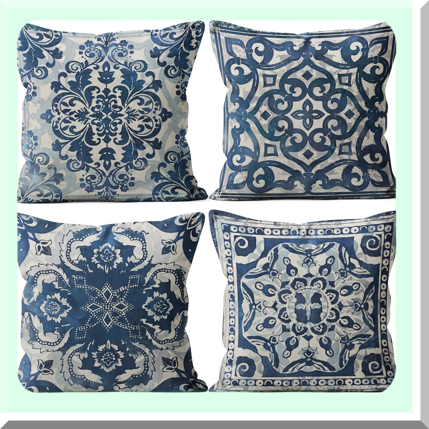 Chinoiserie Blue Linen Pillow Covers - Set of 4, 18x18 Decorative Throw Pillow Covers in Blue and White Design - Chinoiserie Decor Accent