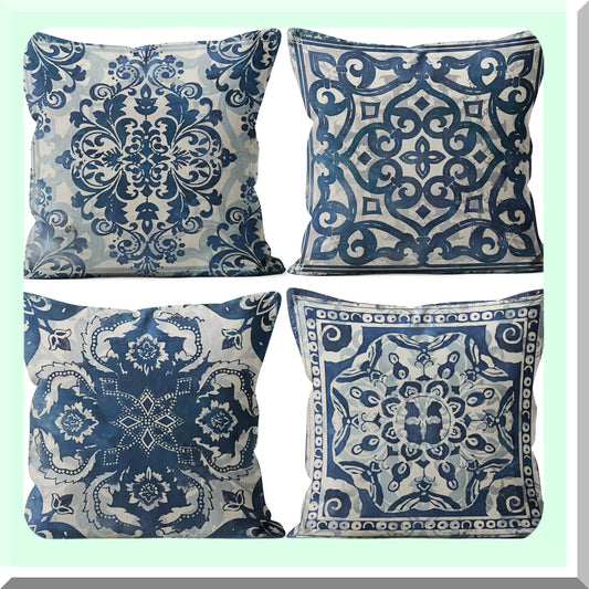 Chinoiserie Blue Linen Pillow Covers - Set of 4, 18x18 Decorative Throw Pillow Covers in Blue and White Design - Chinoiserie Decor Accent