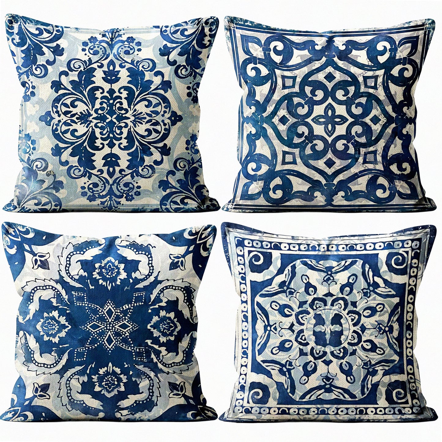 Chinoiserie Blue Linen Pillow Covers - Set of 4, 18x18 Decorative Throw Pillow Covers in Blue and White Design - Chinoiserie Decor Accent