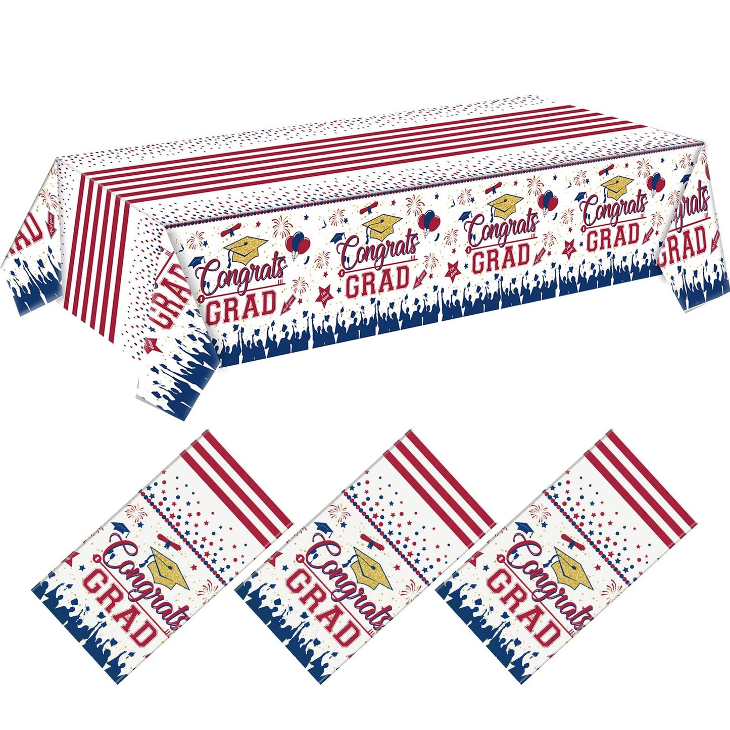 Congrats Grad Tablecloth Set - Blue Red Graduation Party Decorations Pack of 3 - Disposable Plastic Table Covers - Large Rectangle Tablecloth 54"x108"