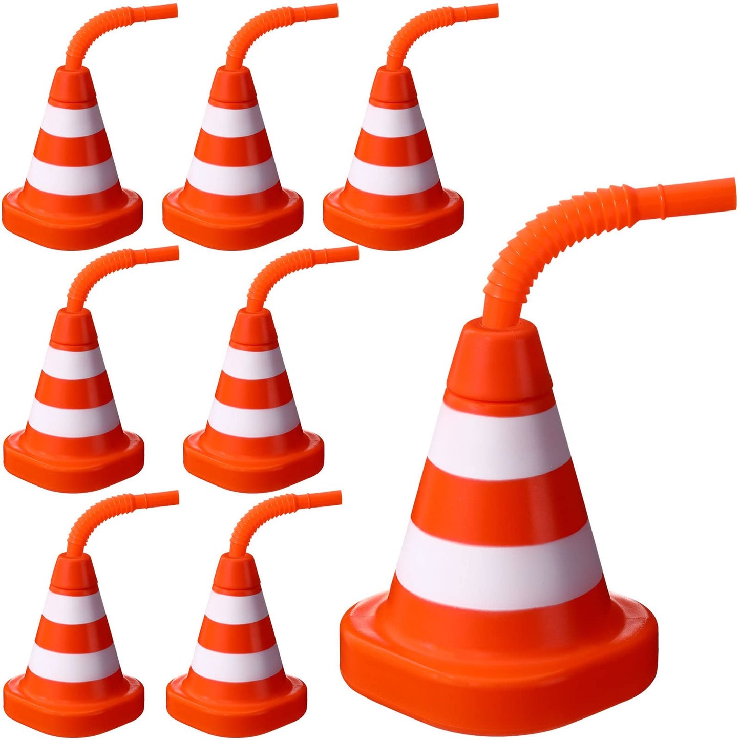 Construction Traffic Race Cups - 10 oz Plastic Bulk Set for Kids Birthday Party Favors. Reusable Traffic Cone Cups with Straws (8 Pack) - Racing Theme