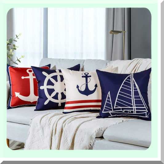 Nautical Anchor Sailboat Pillow Covers Set - 20x20 Inches Square Cushion Cover for Sofa Couch Patio Decor - Ship Rudder Outdoor Pillowcase Set of 4