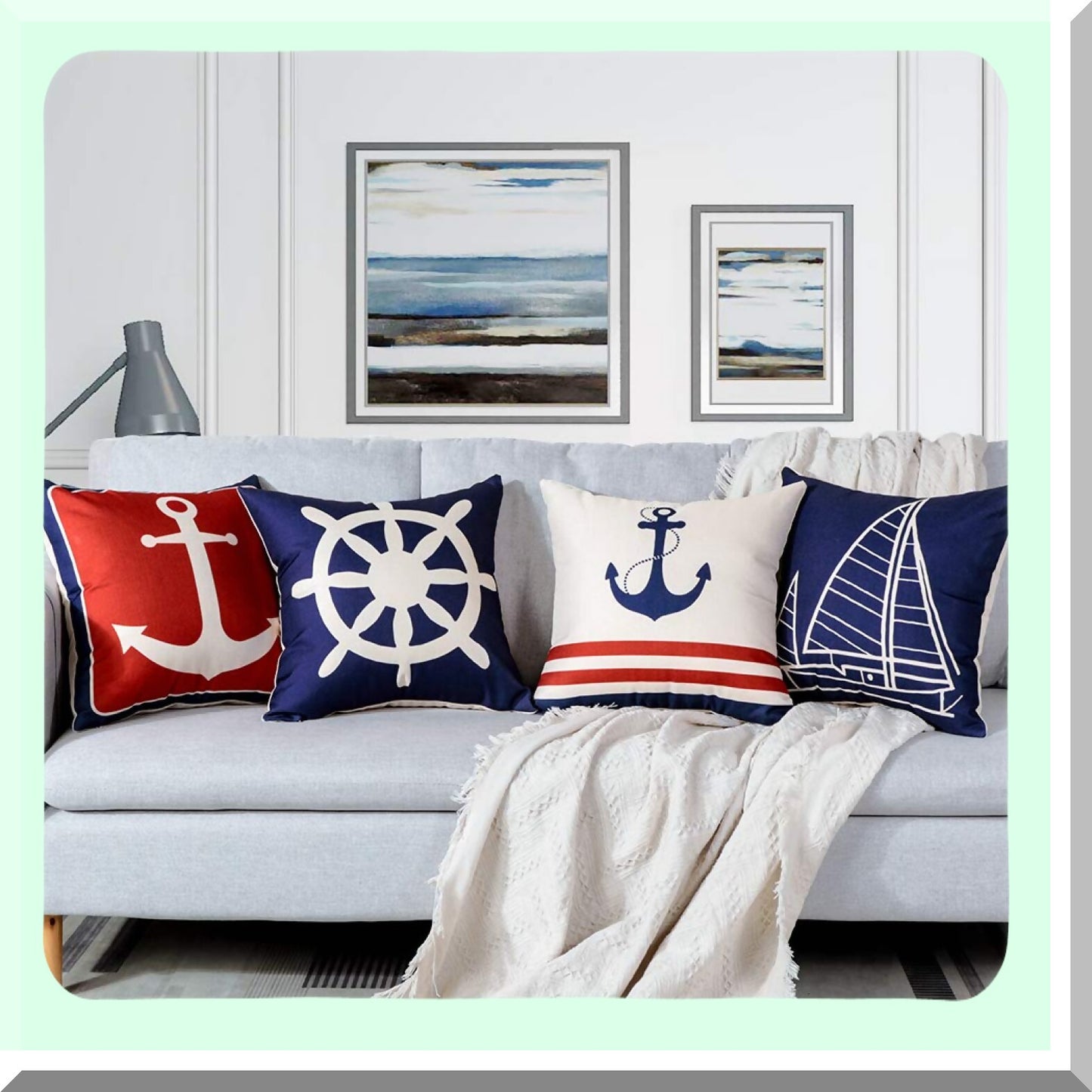 Nautical Anchor Sailboat Pillow Covers Set - 20x20 Inches Square Cushion Cover for Sofa Couch Patio Decor - Ship Rudder Outdoor Pillowcase Set of 4