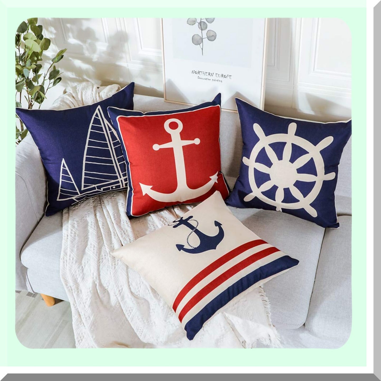 Nautical Anchor Sailboat Pillow Covers Set - 20x20 Inches Square Cushion Cover for Sofa Couch Patio Decor - Ship Rudder Outdoor Pillowcase Set of 4