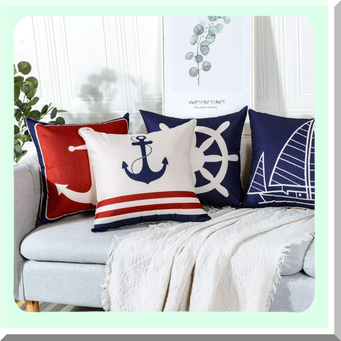 Nautical Anchor Sailboat Pillow Covers Set - 20x20 Inches Square Cushion Cover for Sofa Couch Patio Decor - Ship Rudder Outdoor Pillowcase Set of 4