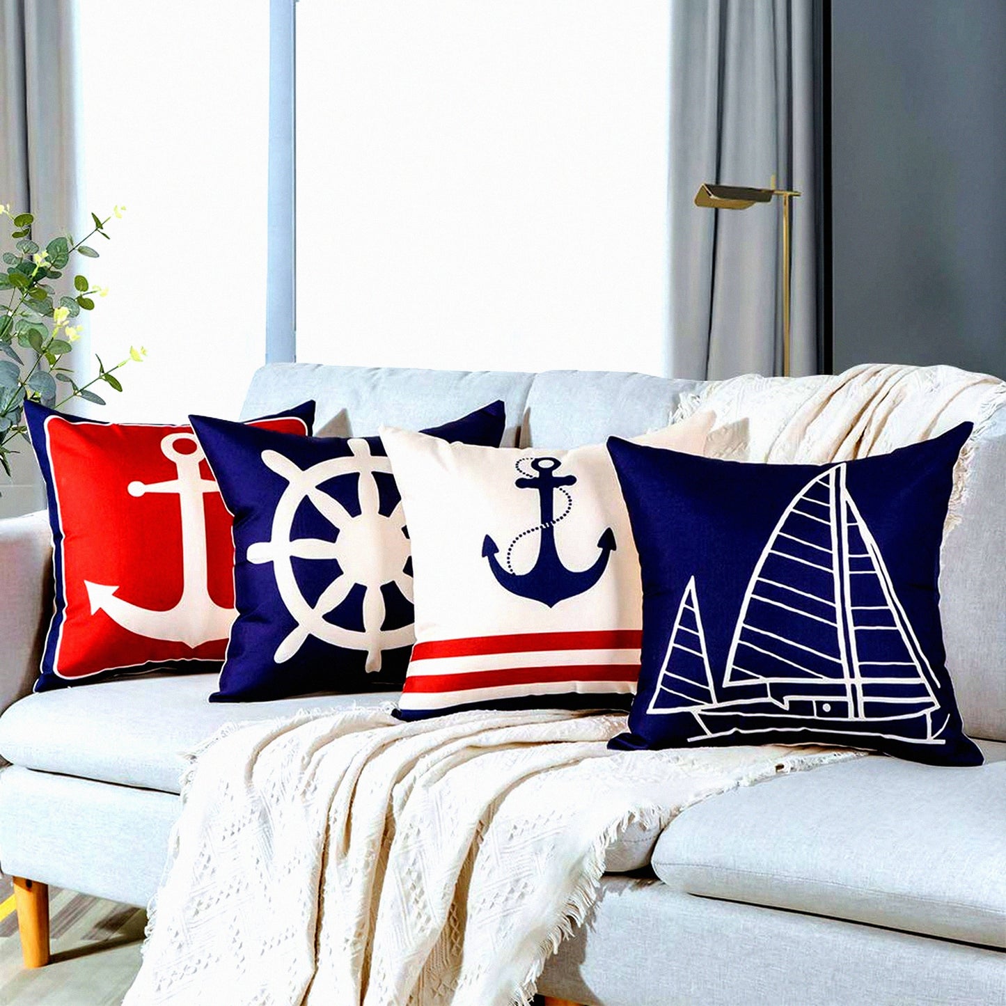 Nautical Anchor Sailboat Pillow Covers Set - 20x20 Inches Square Cushion Cover for Sofa Couch Patio Decor - Ship Rudder Outdoor Pillowcase Set of 4