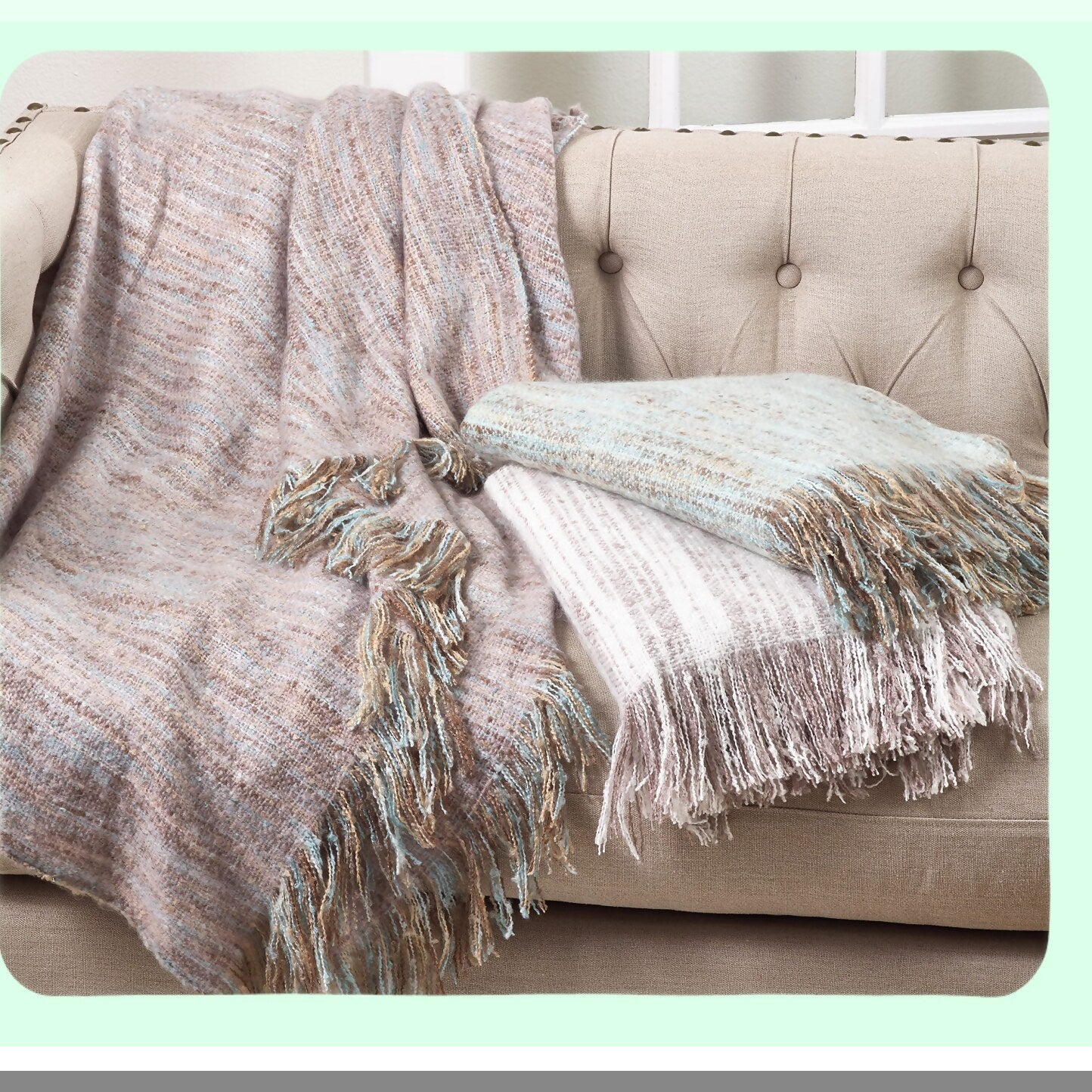 Aqua Breeze Mohair Fringe Throw Blanket - Lightweight & Cozy 50"x60"