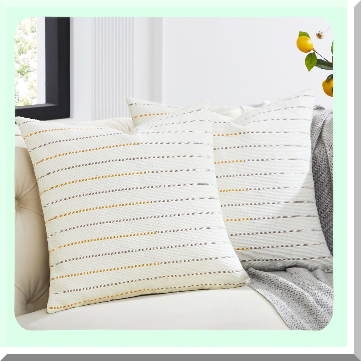 Boho Stripe Pillow Covers Set - Grey Mustard Yellow Decorative Throw Pillows - Farmhouse Living Room Cushion Covers - 18x18 inch Cotton Linen Sofa