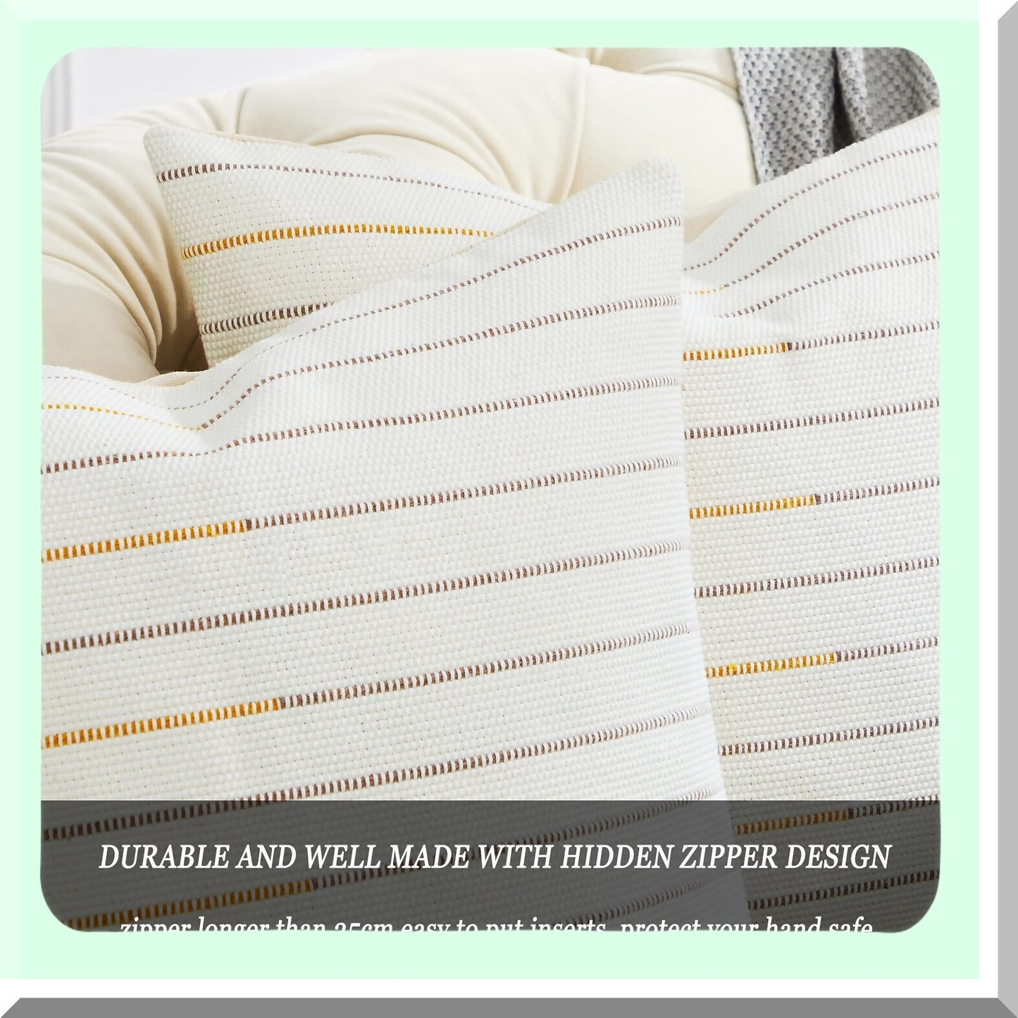 Boho Stripe Pillow Covers Set - Grey Mustard Yellow Decorative Throw Pillows - Farmhouse Living Room Cushion Covers - 18x18 inch Cotton Linen Sofa