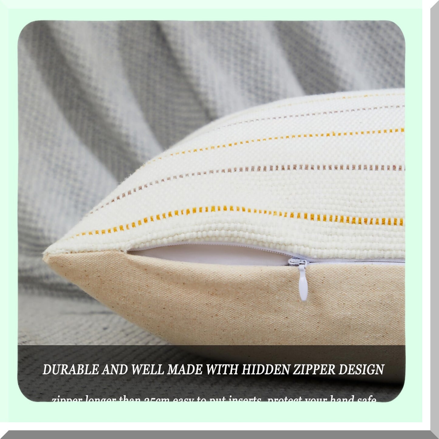 Boho Stripe Pillow Covers Set - Grey Mustard Yellow Decorative Throw Pillows - Farmhouse Living Room Cushion Covers - 18x18 inch Cotton Linen Sofa