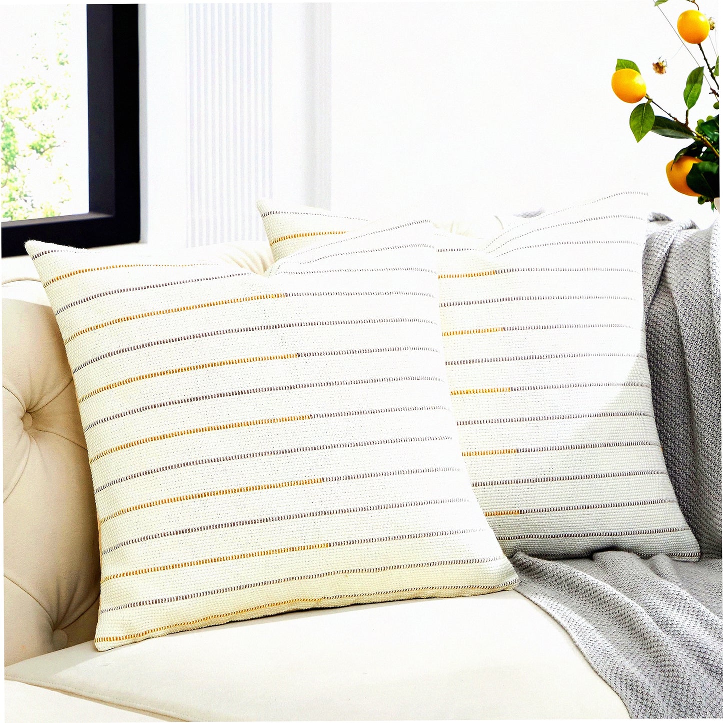 Boho Stripe Pillow Covers Set - Grey Mustard Yellow Decorative Throw Pillows - Farmhouse Living Room Cushion Covers - 18x18 inch Cotton Linen Sofa