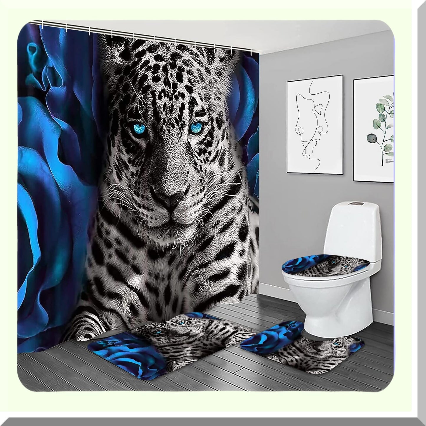 Blue Rose and Leopard Shower Curtain Set 4PCS