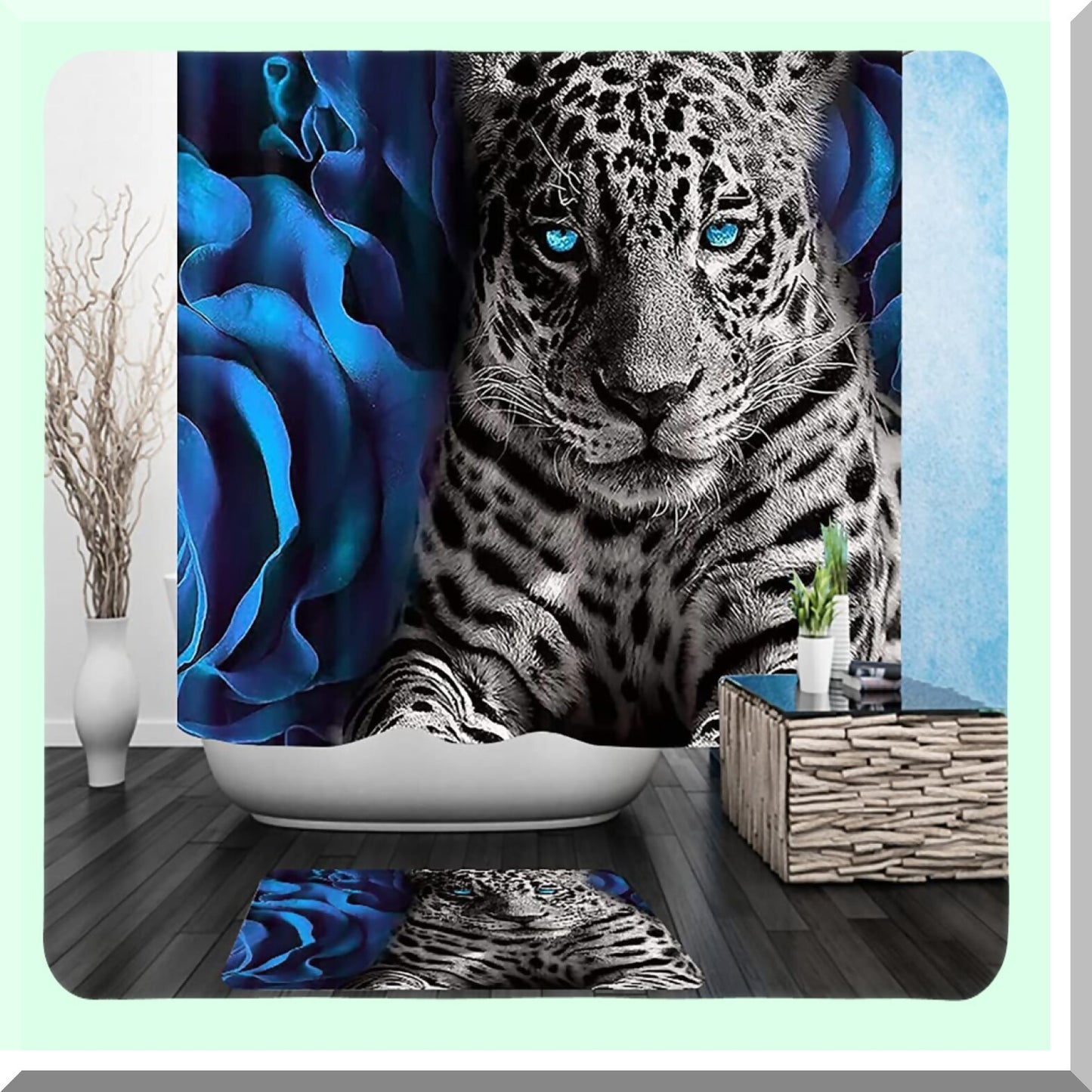 Blue Rose and Leopard Shower Curtain Set 4PCS
