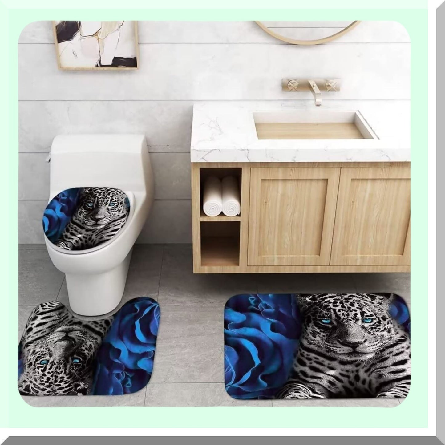 Blue Rose and Leopard Shower Curtain Set 4PCS