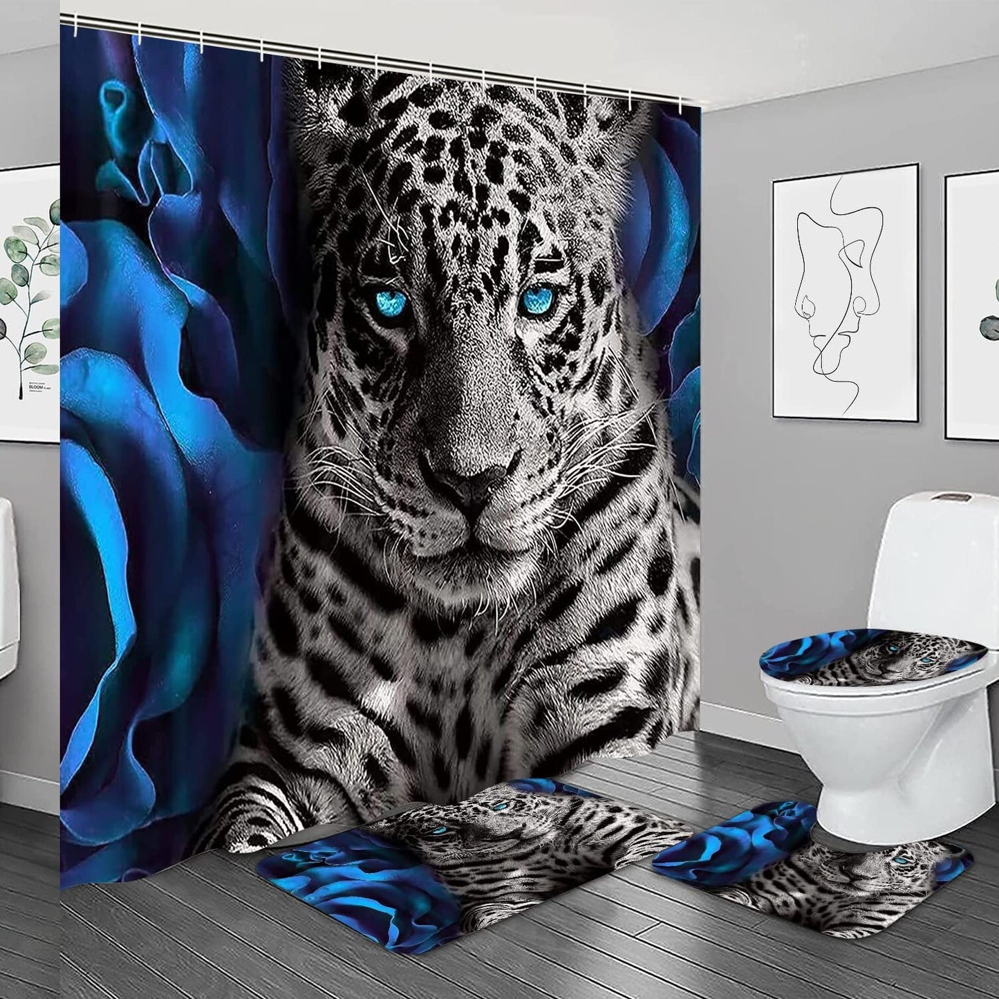 Blue Rose and Leopard Shower Curtain Set 4PCS