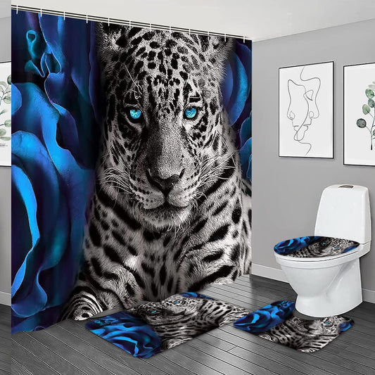 4PCS Blue Rose & Leopard Shower Curtain Set