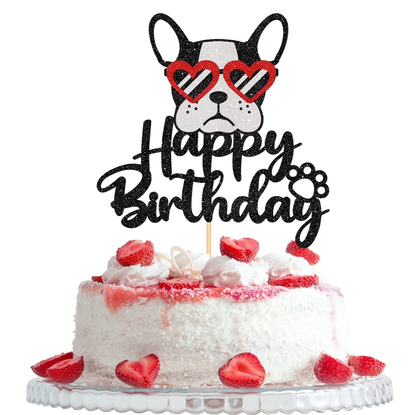 Puppy Party Cake Topper - BlackRed Glitter Bulldog Birthday Decor - Pet Theme Supplies for Happy Birthday Celebration - Gles French Theme