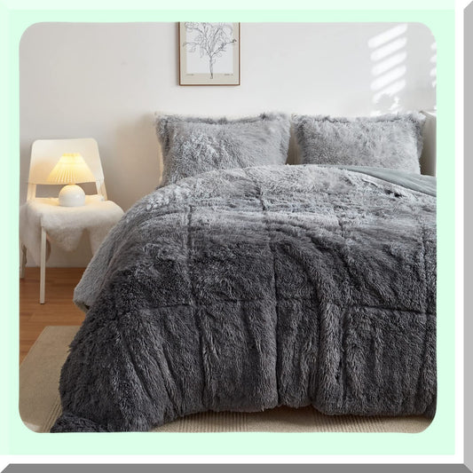 Luxury Grey Shaggy Comforter Set - Plush Velvet Bedding with Matching Shams - Ultra Soft Fluffy Ombre Full/Queen Bed Set - Warm Fuzzy 3 Piece