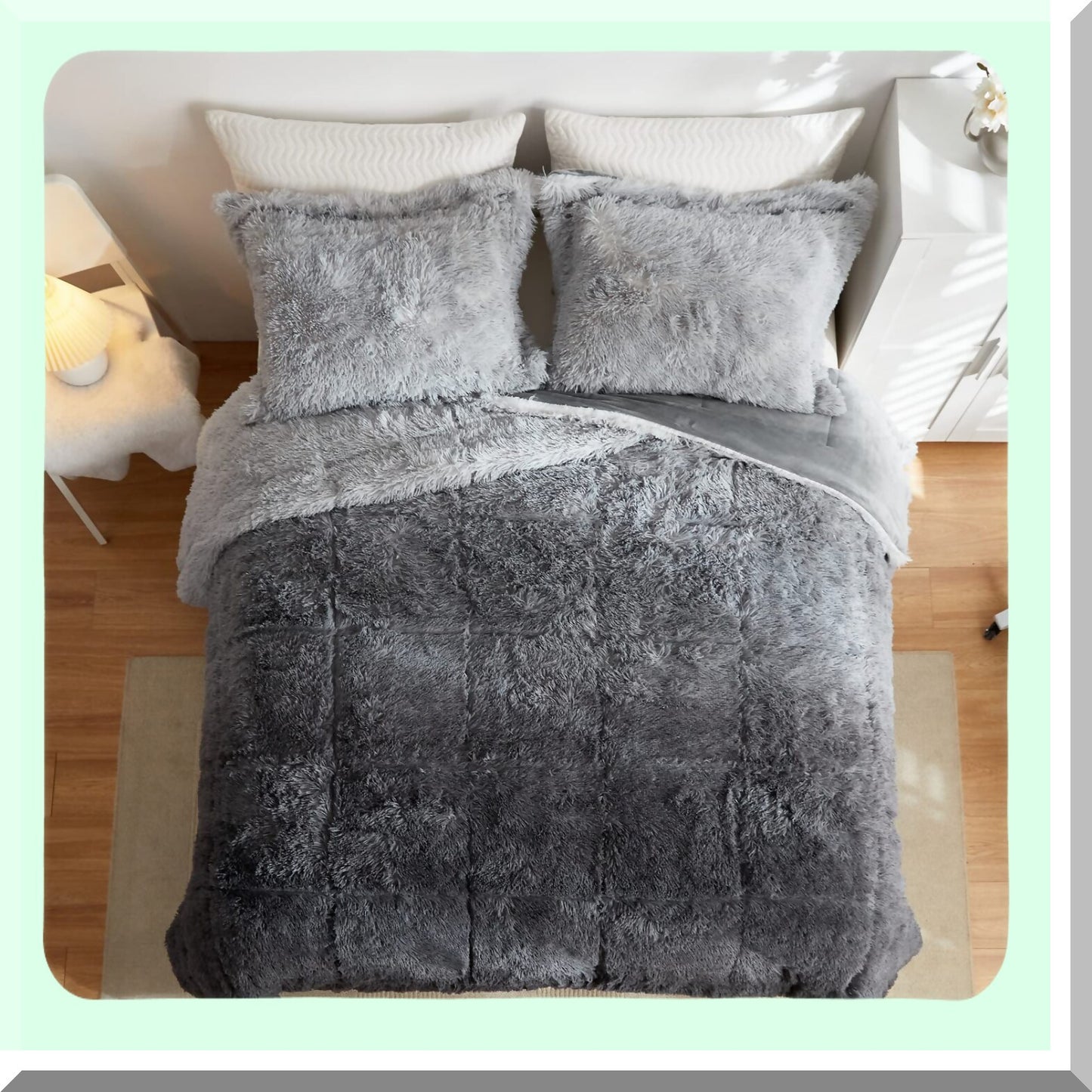 Luxury Grey Shaggy Comforter Set - Plush Velvet Bedding with Matching Shams - Ultra Soft Fluffy Ombre Full/Queen Bed Set - Warm Fuzzy 3 Piece