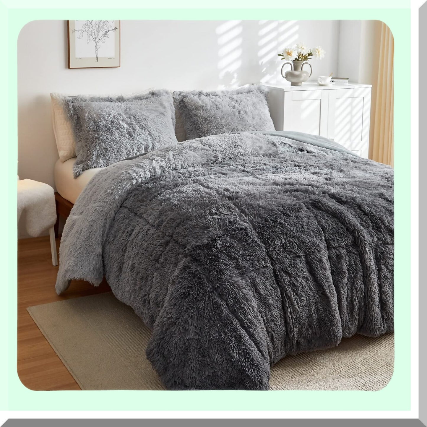 Luxury Grey Shaggy Comforter Set - Plush Velvet Bedding with Matching Shams - Ultra Soft Fluffy Ombre Full/Queen Bed Set - Warm Fuzzy 3 Piece