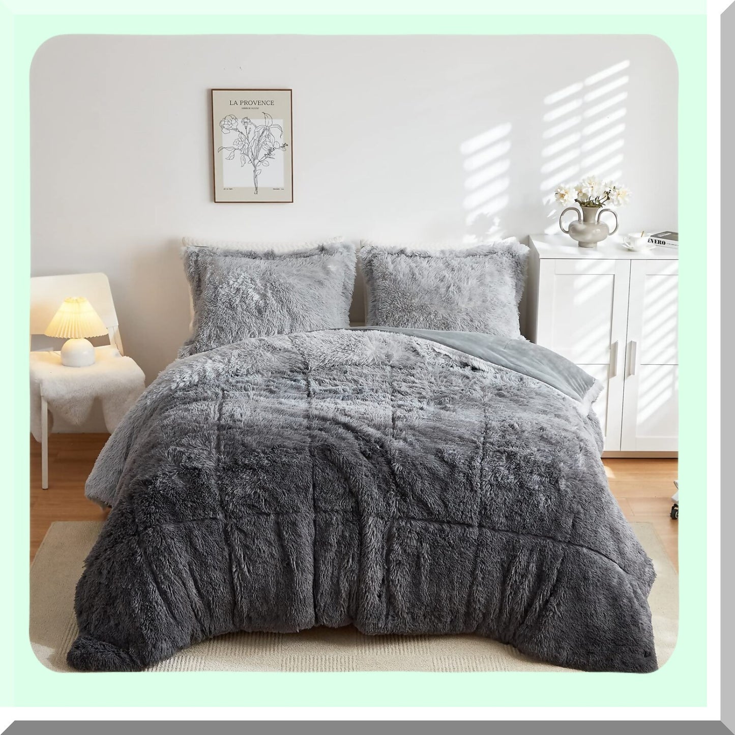 Luxury Grey Shaggy Comforter Set - Plush Velvet Bedding with Matching Shams - Ultra Soft Fluffy Ombre Full/Queen Bed Set - Warm Fuzzy 3 Piece