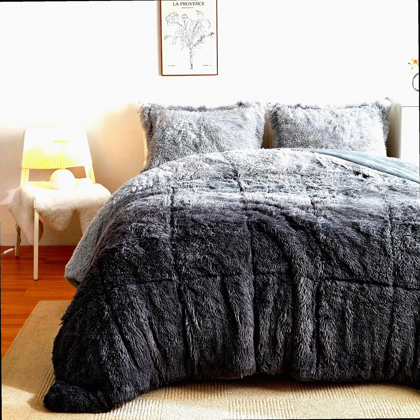 Luxury Grey Shaggy Comforter Set - Plush Velvet Bedding with Matching Shams - Ultra Soft Fluffy Ombre Full/Queen Bed Set - Warm Fuzzy 3 Piece