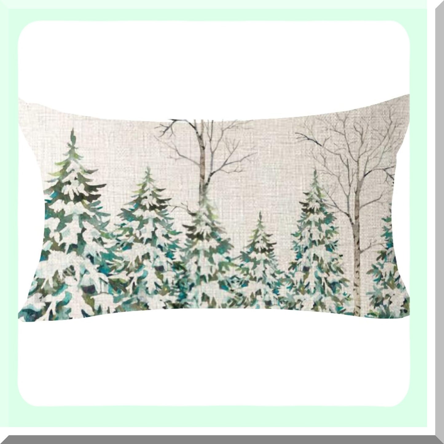 Winter Wonderland Pine Tree Decorative Pillow Cover - Snowy Merry Christmas Cushion Case for Outdoor Home Sofa - 12x20 Inch Cotton Linen - Light Green