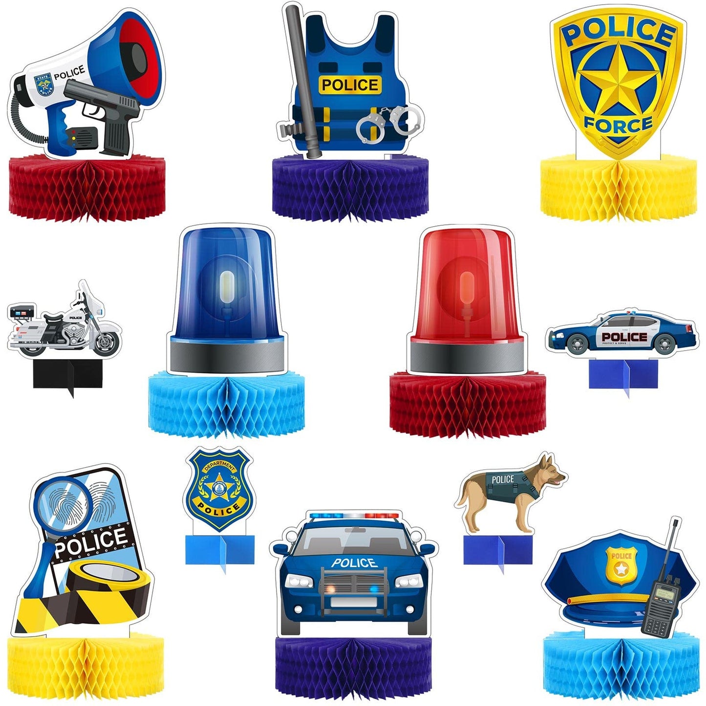 Police Party Centerpiece Set - 12-Piece Honeycomb Table Decorations for Birthday, Graduation, and Events. 3D Cake Balls, Photo Props, and Table Toppers.