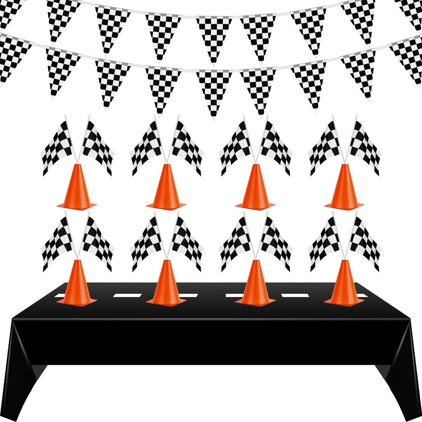 Racing Fun Pack: Racetrack Tablecloth, Checkered Banner, Flags, Orange Cones - 22 Pcs Set for Kids Birthday Party Decoration - Sports Theme