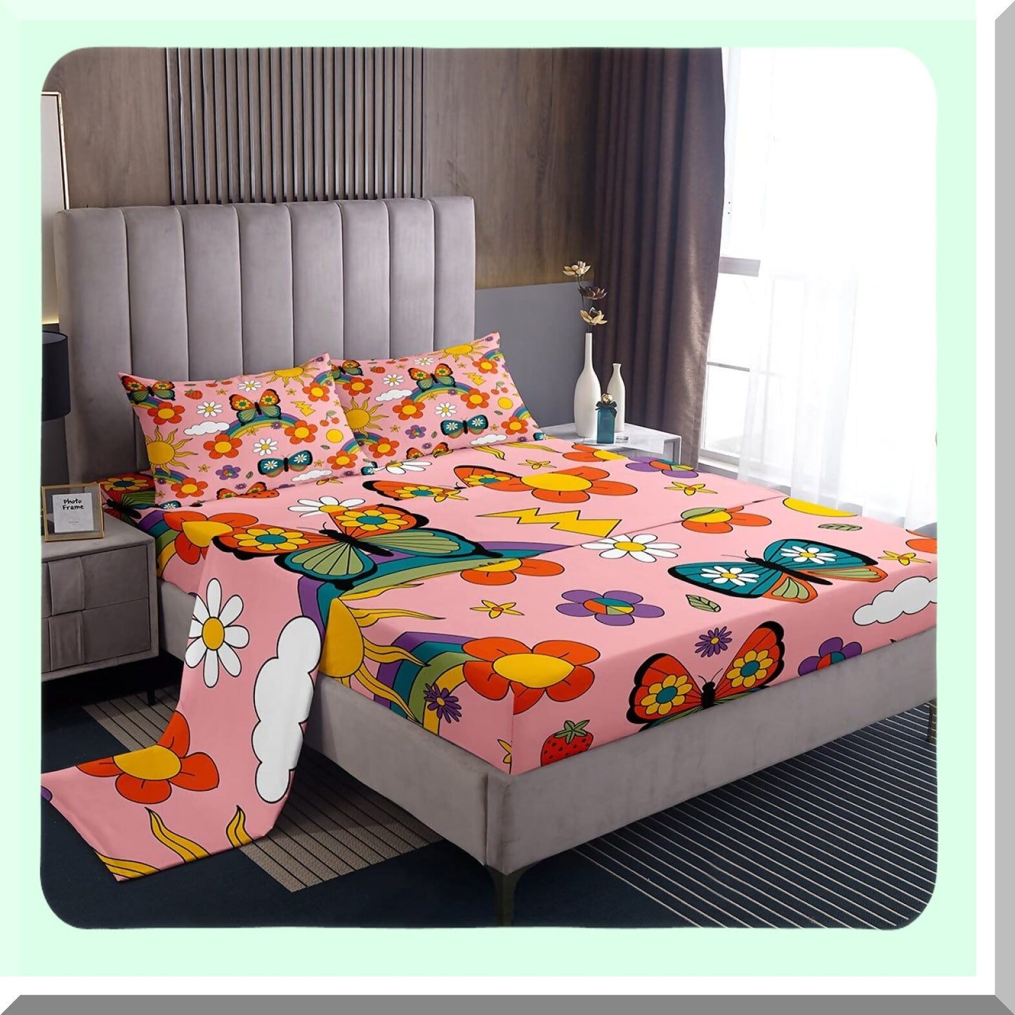 Retro Rainbow Butterfly Flower Bedding Set - Vintage Groovy Floral Boho Pink Sheets with Deep Pocket Fitted Sheet & 2 Pillow Cases - Sun Moon Decor