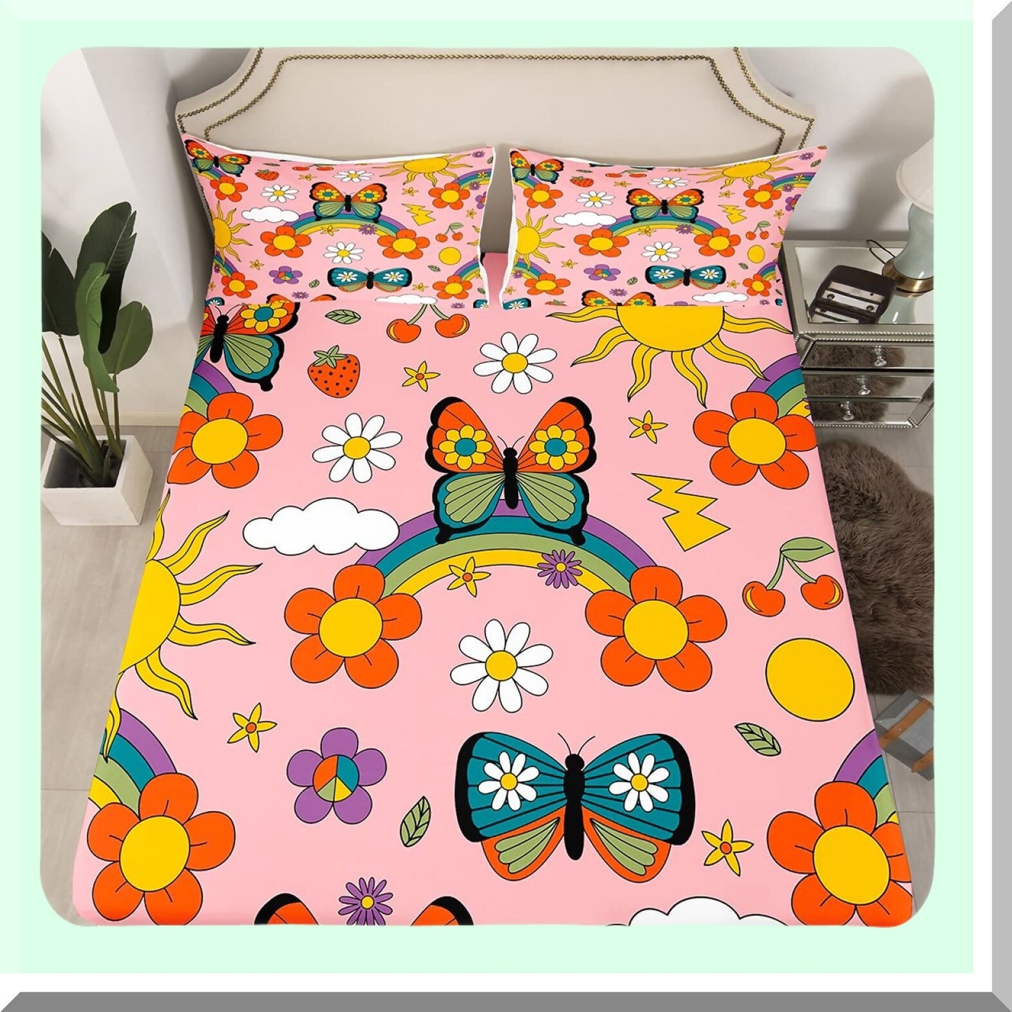 Retro Rainbow Butterfly Flower Bedding Set - Vintage Groovy Floral Boho Pink Sheets with Deep Pocket Fitted Sheet & 2 Pillow Cases - Sun Moon Decor
