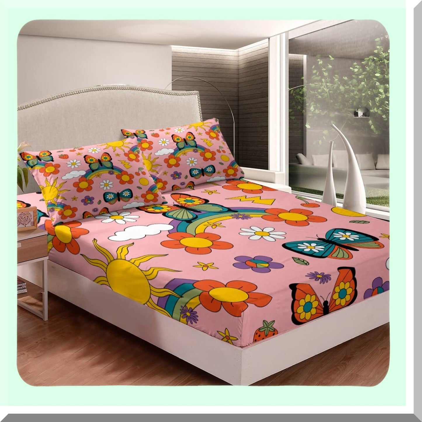 Retro Rainbow Butterfly Flower Bedding Set - Vintage Groovy Floral Boho Pink Sheets with Deep Pocket Fitted Sheet & 2 Pillow Cases - Sun Moon Decor