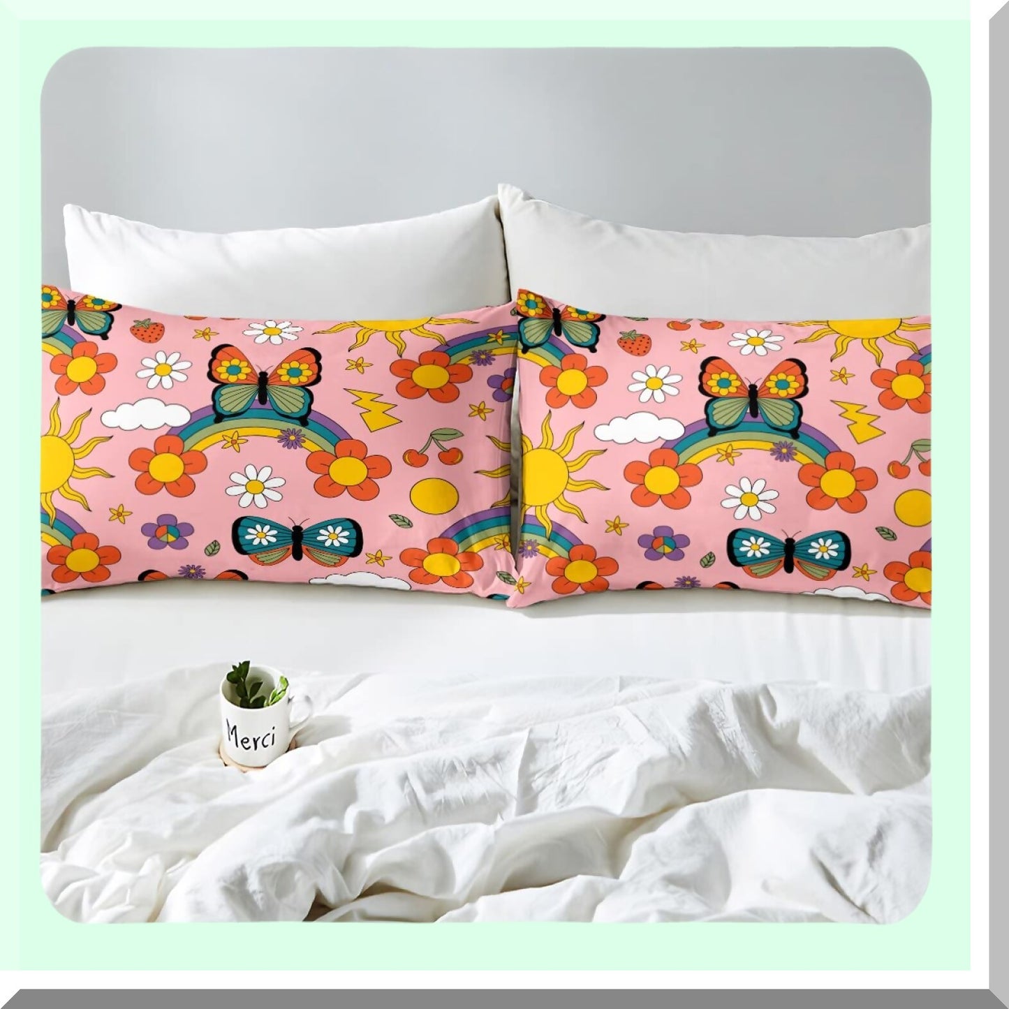 Retro Rainbow Butterfly Flower Bedding Set - Vintage Groovy Floral Boho Pink Sheets with Deep Pocket Fitted Sheet & 2 Pillow Cases - Sun Moon Decor