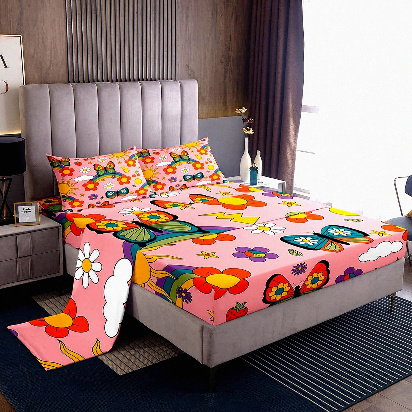 Retro Rainbow Butterfly Flower Bedding Set - Vintage Groovy Floral Boho Pink Sheets with Deep Pocket Fitted Sheet & 2 Pillow Cases - Sun Moon Decor