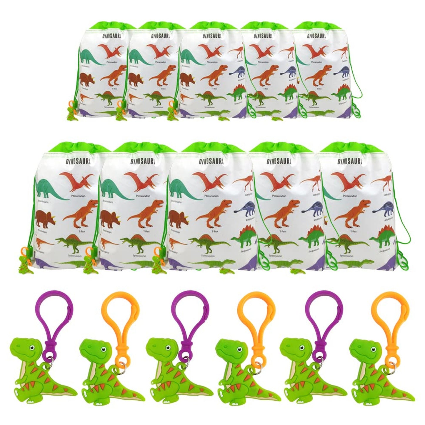 DinoDraw Party Pack - 12 Dinosaur Drawstring Goodie Bags for Kids Birthday, Theme Party Supplies Backpack with Pendant - MSBP01