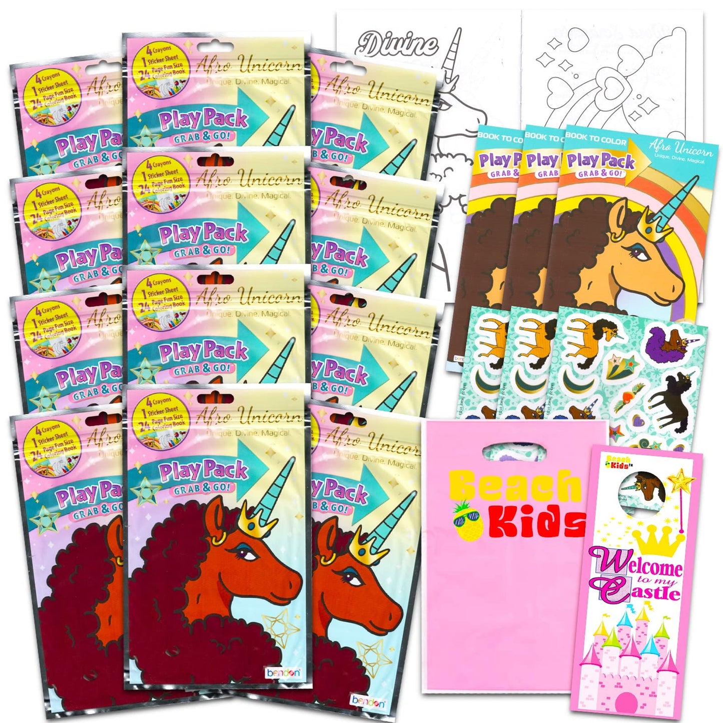 Afro Unicorn Party Pack - Includes 12 Grab n Go Play Packs & 12 Beach Kids Loot Bags, Perfect for Birthday Favors, Supplies, & Decorations!