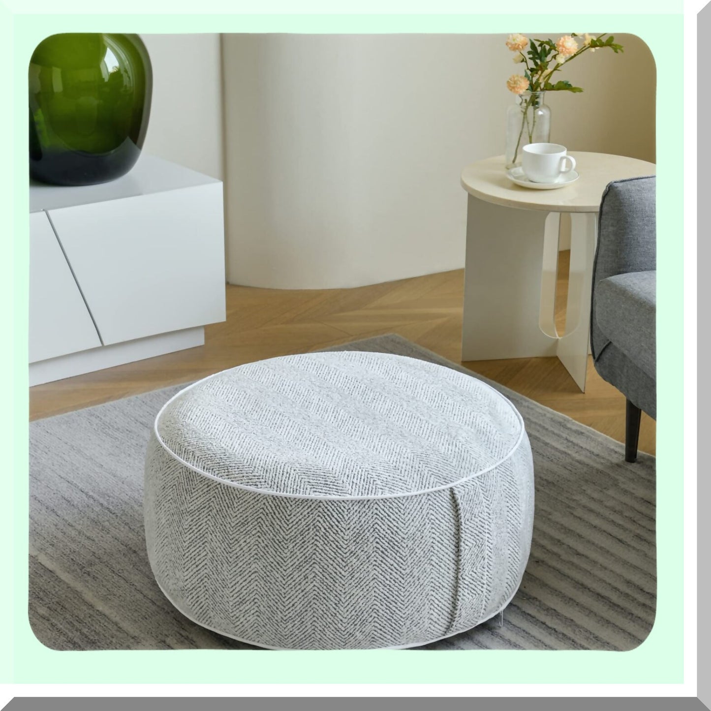 Chenille Comfort Pouf - Inflatable Liner, Portable Handle, Round Floor Pillow for Living Room, Bedroom, Kids Room - Grey - 21x10 Inches