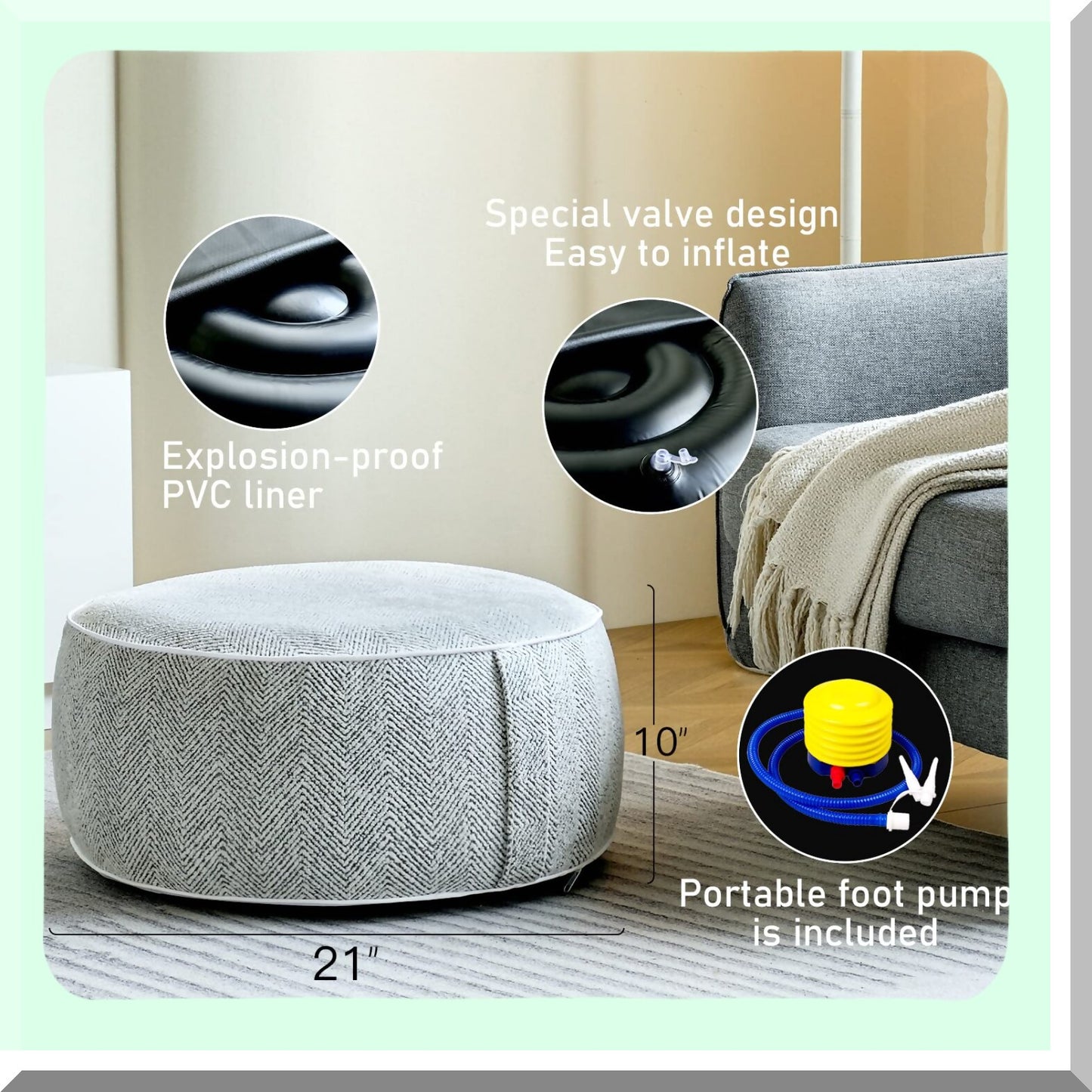 Chenille Comfort Pouf - Inflatable Liner, Portable Handle, Round Floor Pillow for Living Room, Bedroom, Kids Room - Grey - 21x10 Inches