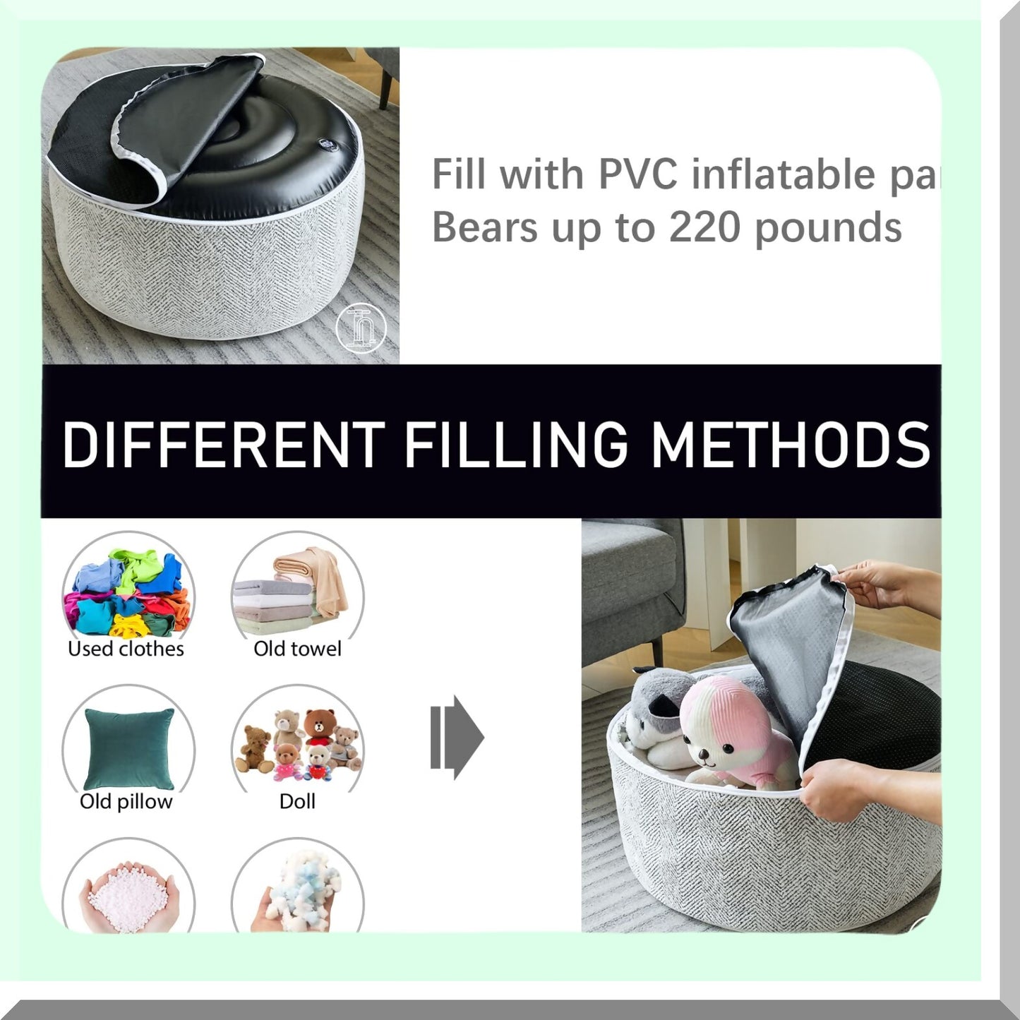 Chenille Comfort Pouf - Inflatable Liner, Portable Handle, Round Floor Pillow for Living Room, Bedroom, Kids Room - Grey - 21x10 Inches