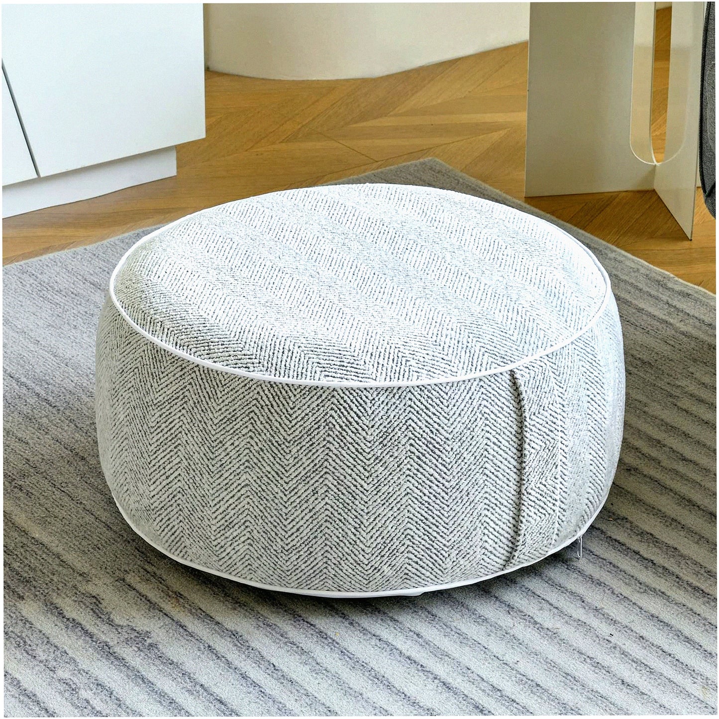 Chenille Comfort Pouf - Inflatable Liner, Portable Handle, Round Floor Pillow for Living Room, Bedroom, Kids Room - Grey - 21x10 Inches