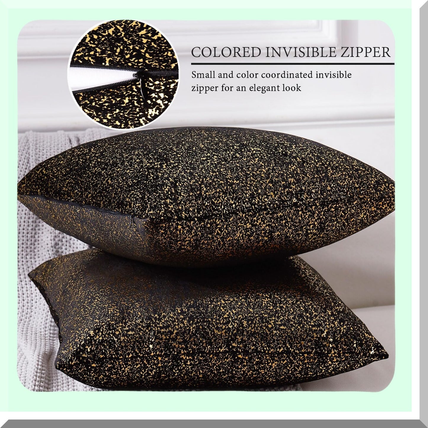 Luxury Black Gold Velvet Throw Pillow Set - 24x24 Living Room Decor - Soft Cushion Case with Hidden Zipper - Elegant Accent Pillows for Bedroom - Set of 2