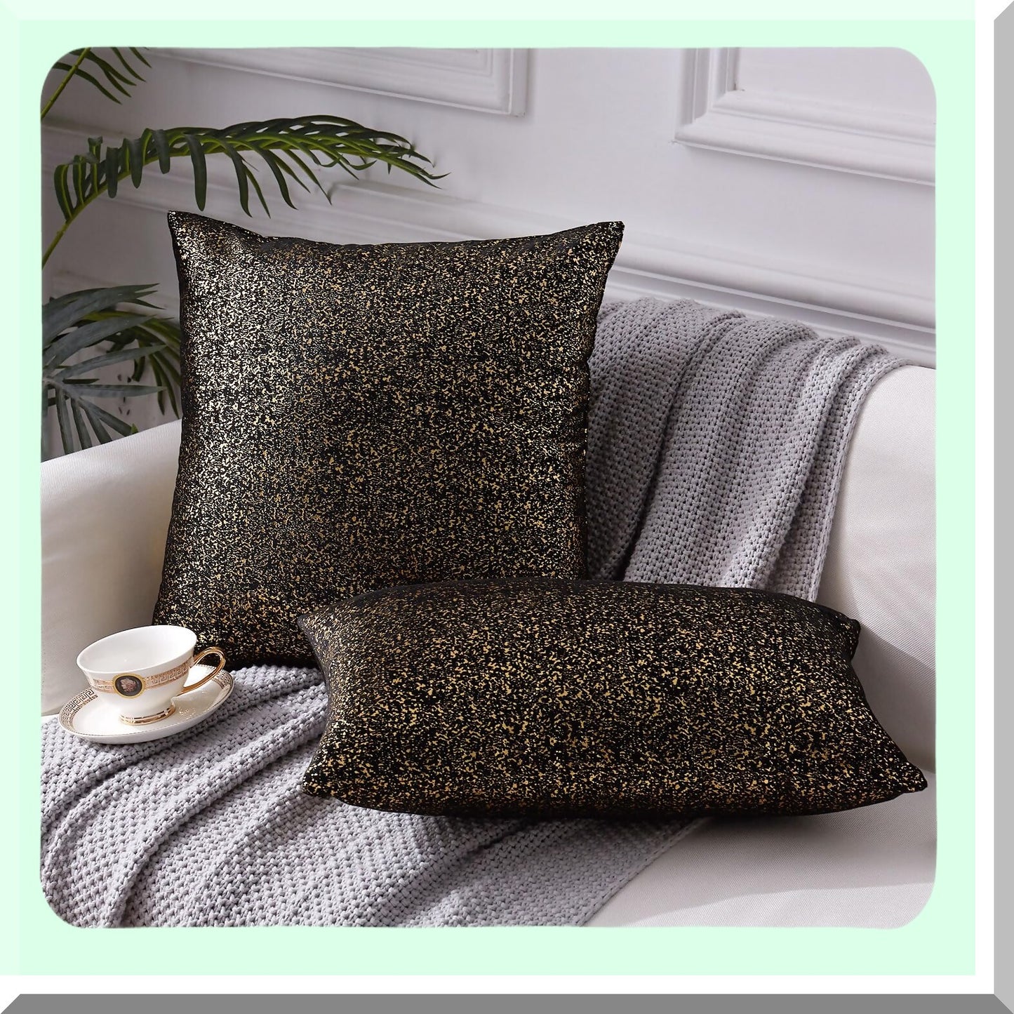 Luxury Black Gold Velvet Throw Pillow Set - 24x24 Living Room Decor - Soft Cushion Case with Hidden Zipper - Elegant Accent Pillows for Bedroom - Set of 2