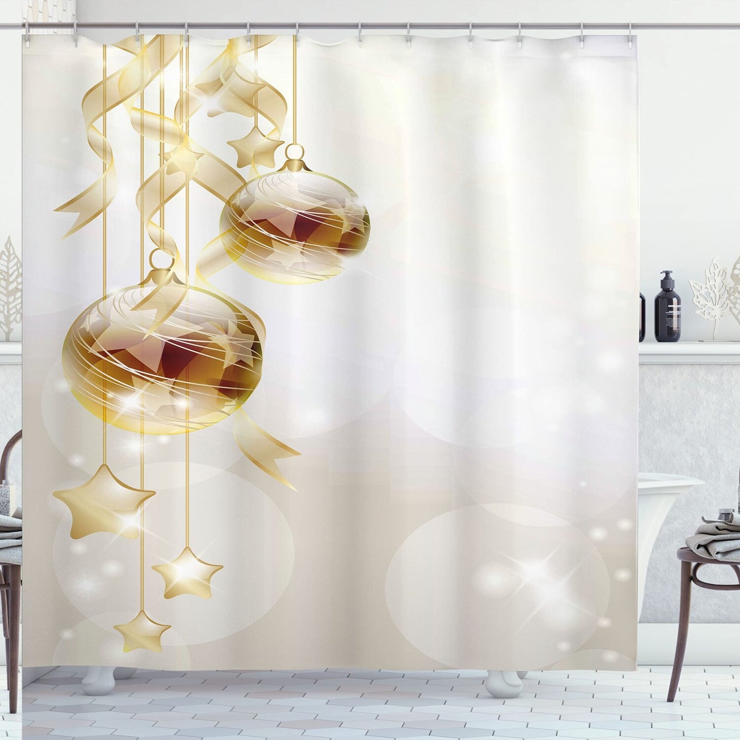 Shower Curtain Xmas Balls Swirled Ribbons Stars 69x75