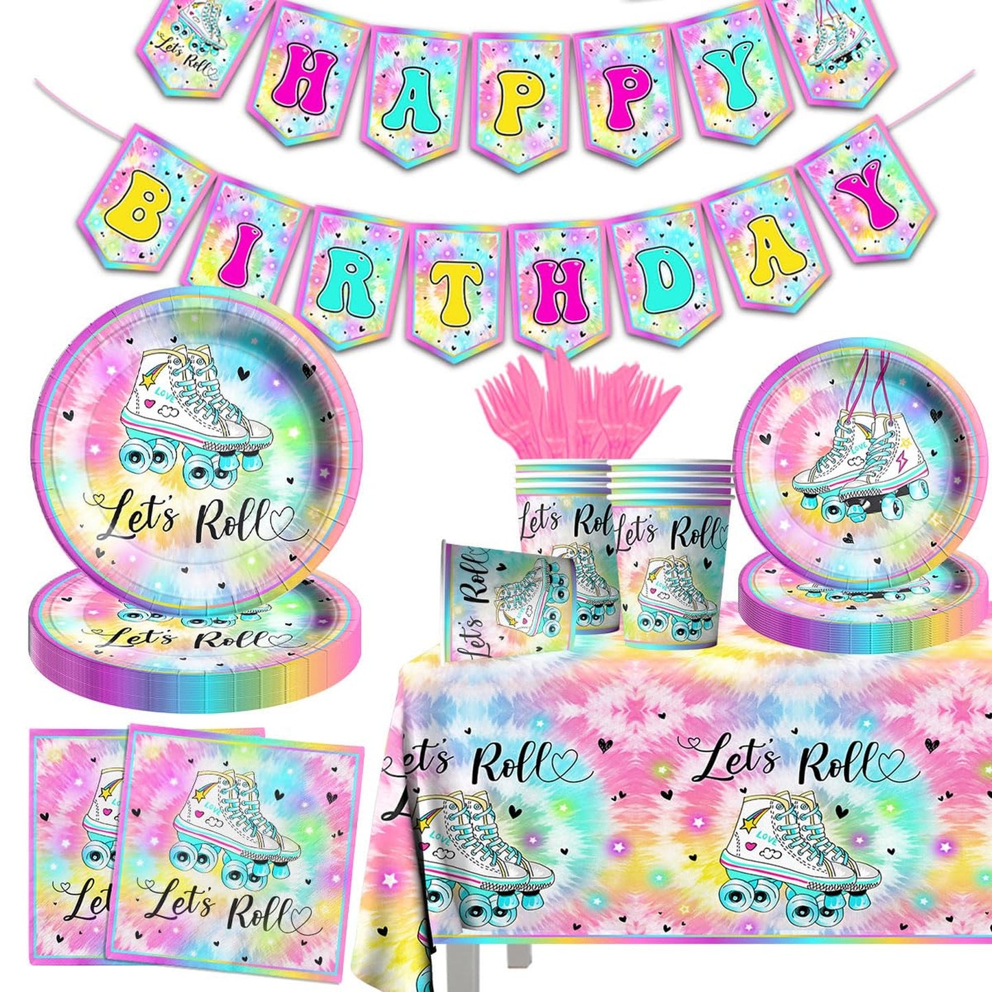 Roller Skate Tie Dye Party Pack - 142 Piece Let's Roll Theme Tableware Set for Girls and Boys Birthday Celebration - Disposable Plates, Napkins, Decorations