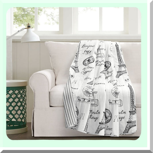 Parisian Chic Reversible Cotton Throw Blanket, 60" x 50", Black & White Elegance